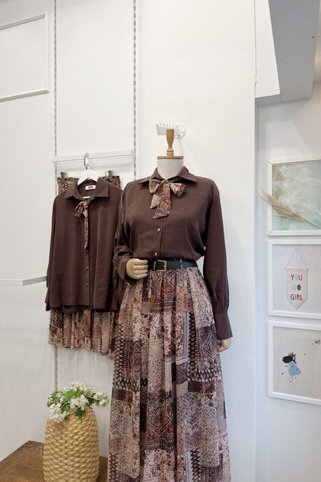 Kahverengi Desenli Şifon Etekli Chermine Takım