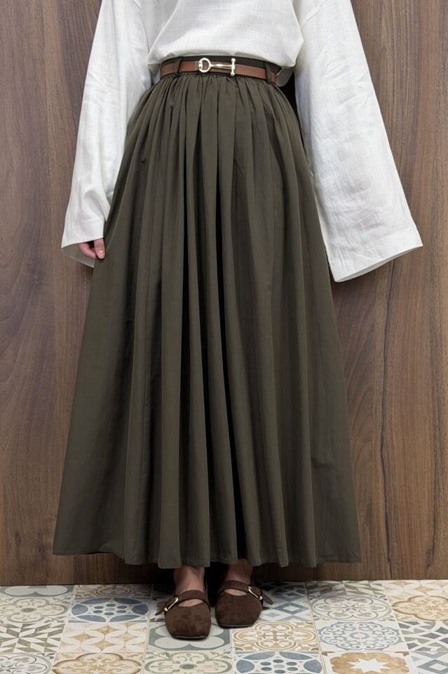 Haki Yeşili Kemerli Sık Pileli Etek