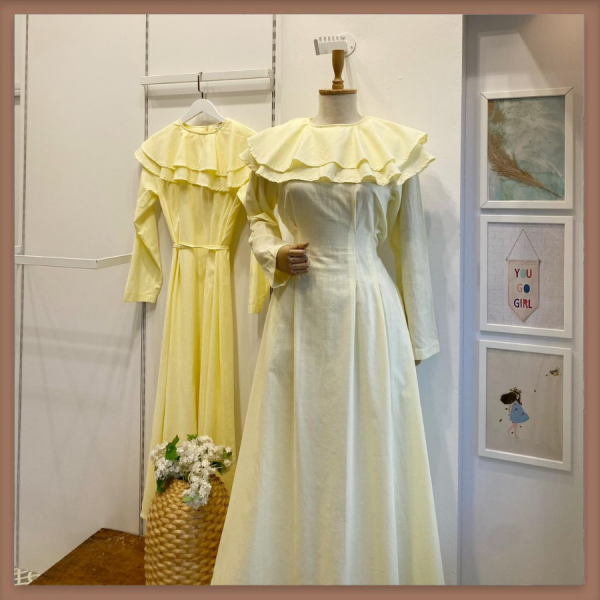 Sarı Keten Pelerin Detaylı Elbise