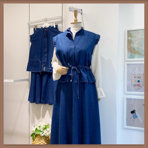 Beli İp Detaylı Lacivert Denim Kot Takım