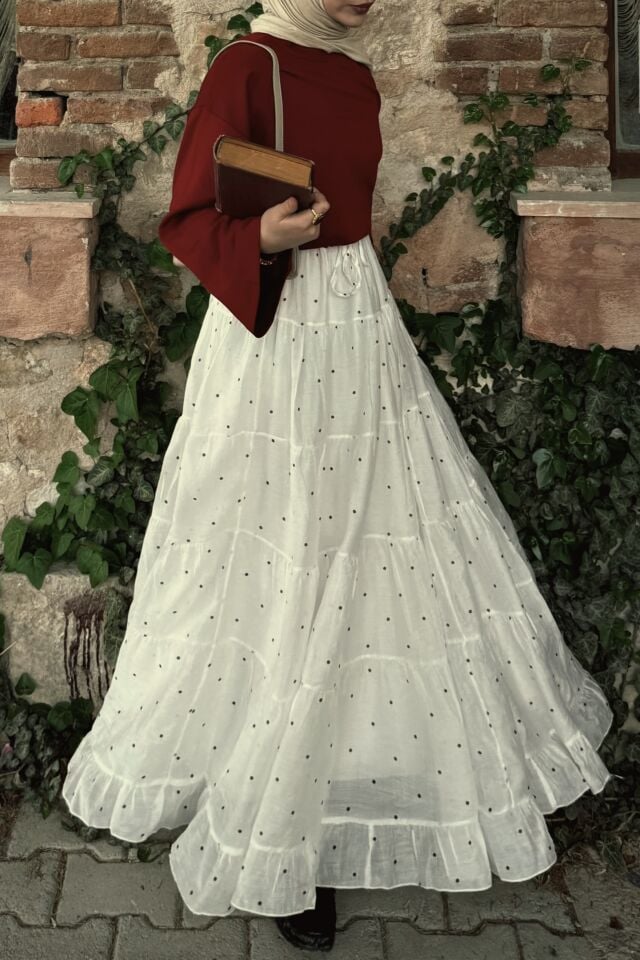 Faya Girls x Beyaz Polka Puantiye Desenli Şifon Etek