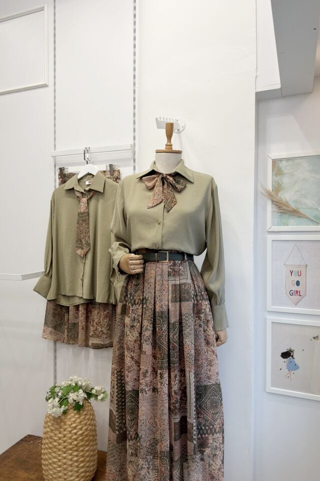 Çağla Yeşili Desenli Şifon Etekli Chermine Takım