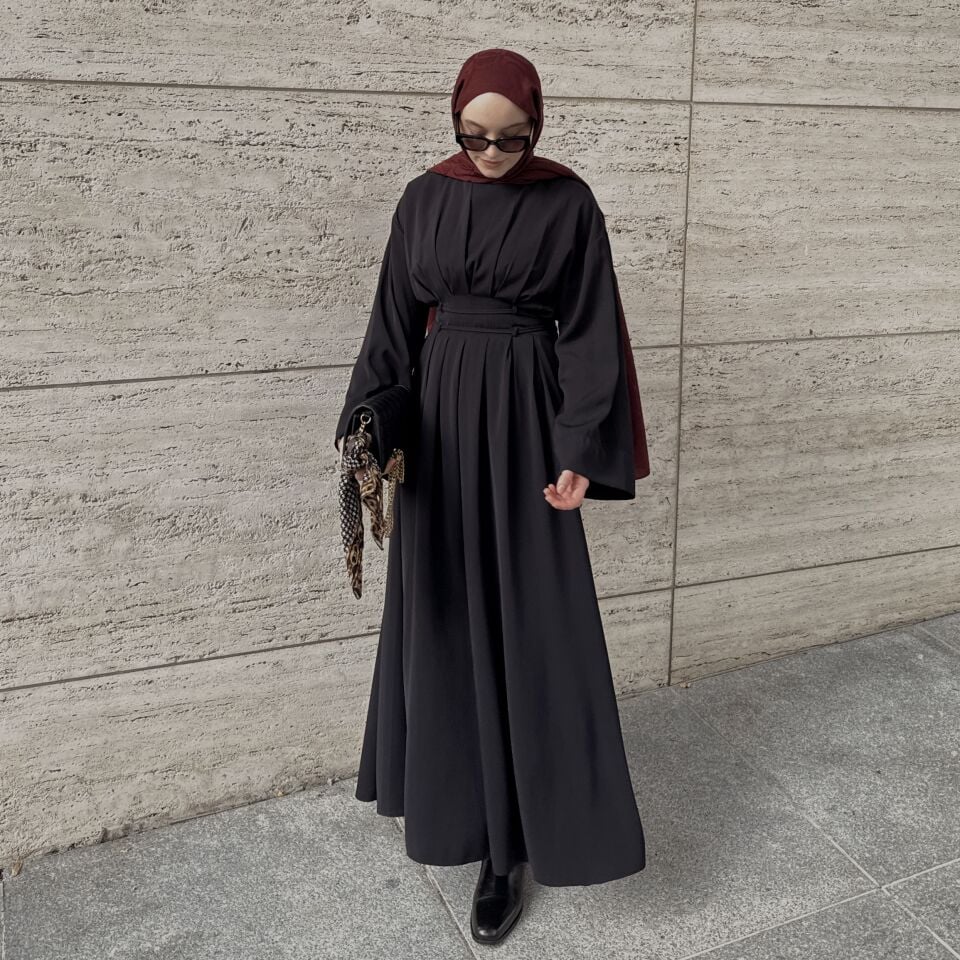 Faya Girls x Bel Detaylı Siyah Alize Elbise