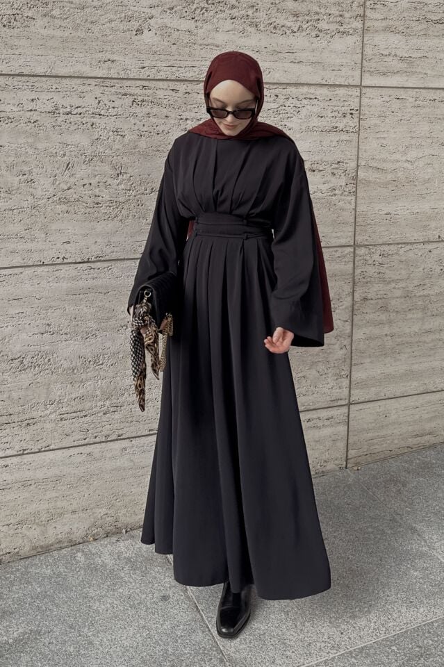 Faya Girls x Bel Detaylı Siyah Alize Elbise