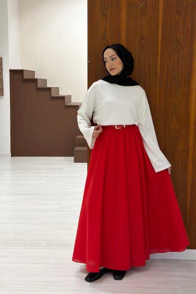 Kırmızı Ceinture Kemerli Keten Etek
