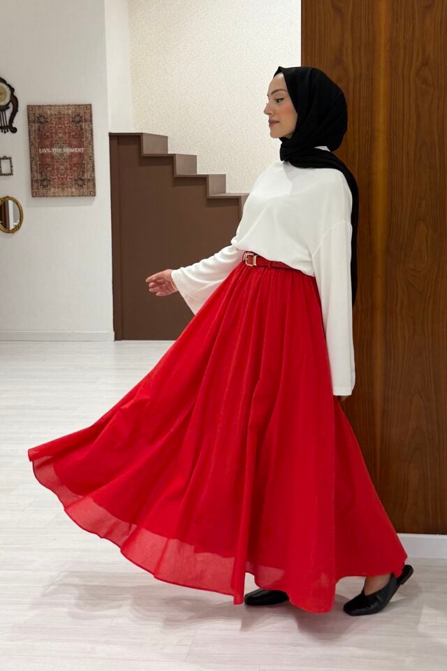 Kırmızı Ceinture Kemerli Keten Etek