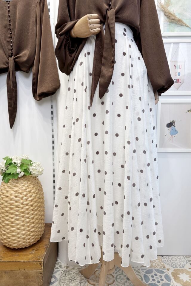 Krem Puantiye Desenli Şifon Etek