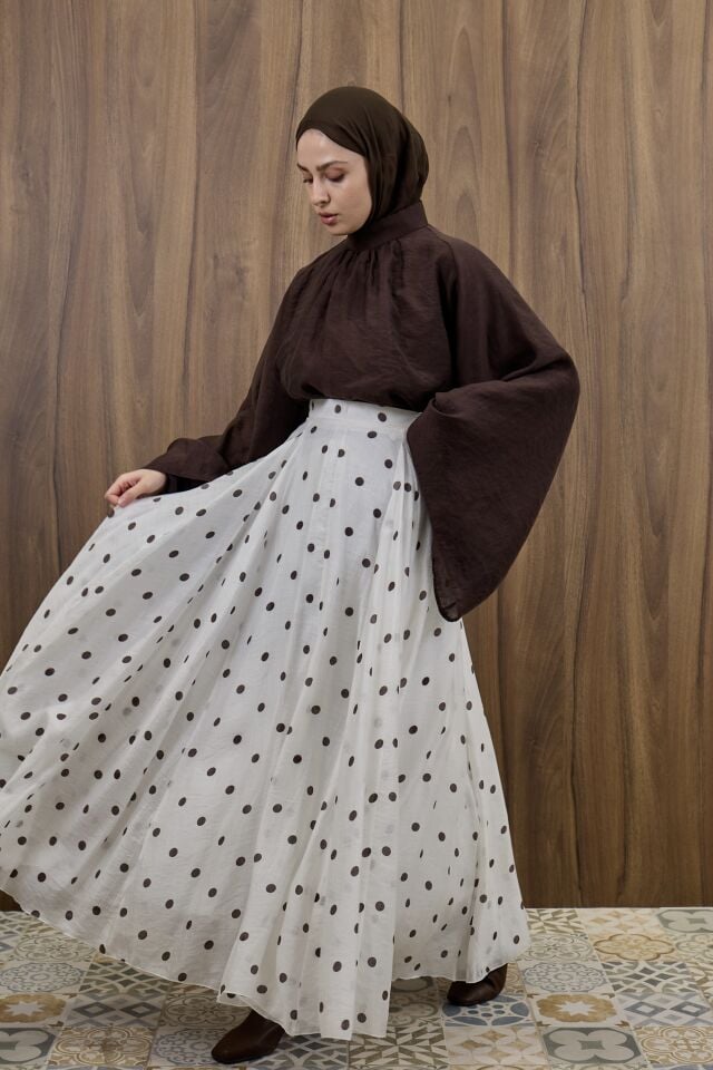 Krem Puantiye Desenli Şifon Etek