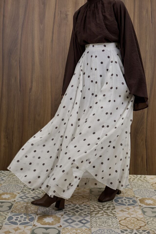 Krem Puantiye Desenli Şifon Etek