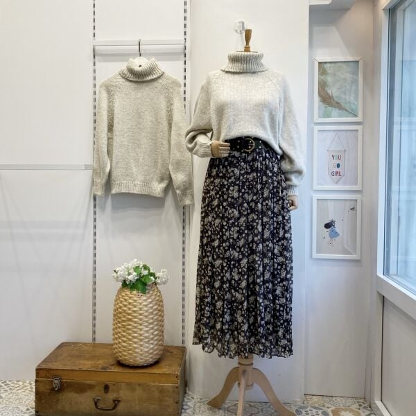 Çıtır Çiçek Desenli Haki Yeşili Şifon Etek