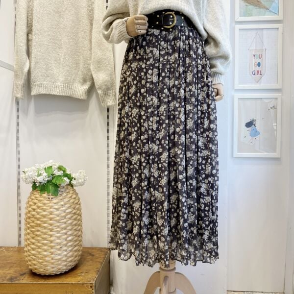 Çıtır Çiçek Desenli Haki Yeşili Şifon Etek