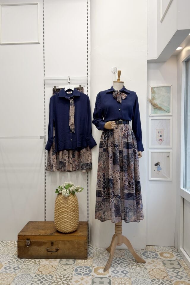 Lacivert Desenli Şifon Etekli Chermine Takım