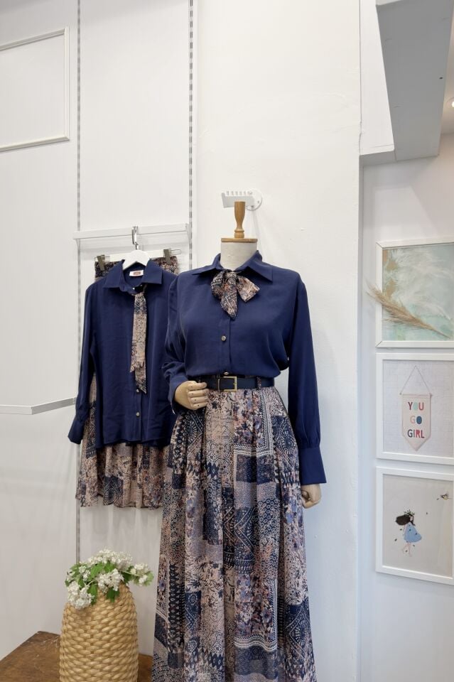 Lacivert Desenli Şifon Etekli Chermine Takım