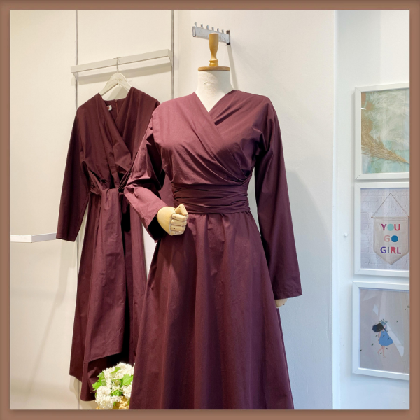 Bordo V Yaka Detaylı Poplin Elbise