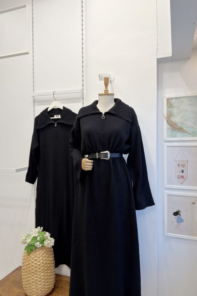 Siyah Fermuar Detaylı Yumuşak Dokulu Triko Elbise 44097