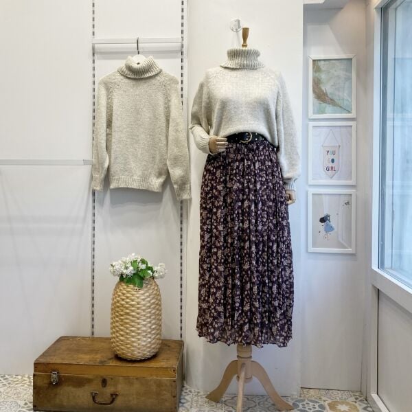 Çıtır Çiçek Desenli Kahverengi Şifon Etek