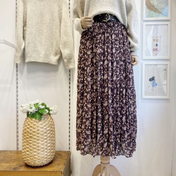 Çıtır Çiçek Desenli Kahverengi Şifon Etek