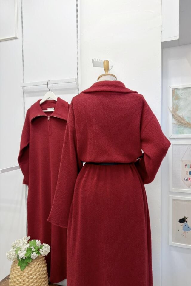 Bordo Fermuar Detaylı Yumuşak Dokulu Triko Elbise 44097