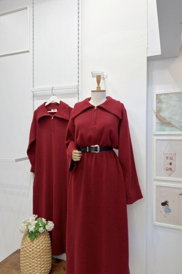 Bordo Fermuar Detaylı Yumuşak Dokulu Triko Elbise 44097