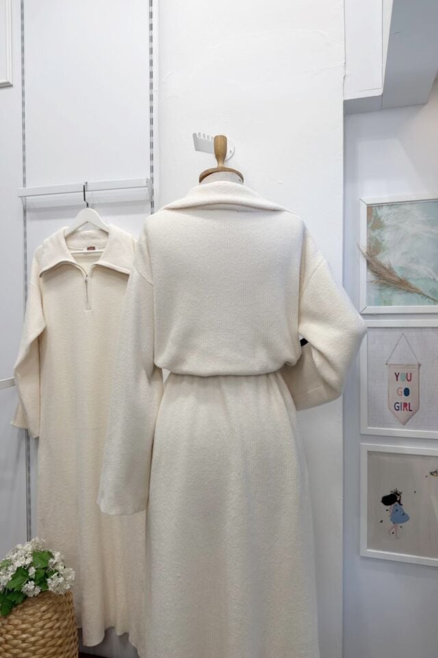 Ekru Fermuar Detaylı Yumuşak Dokulu Triko Elbise 44097