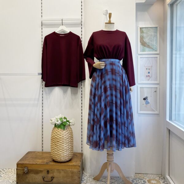 Mavi Ekose Desenli Şifon Etek