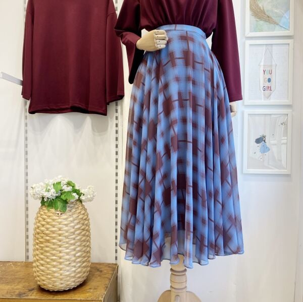 Mavi Ekose Desenli Şifon Etek