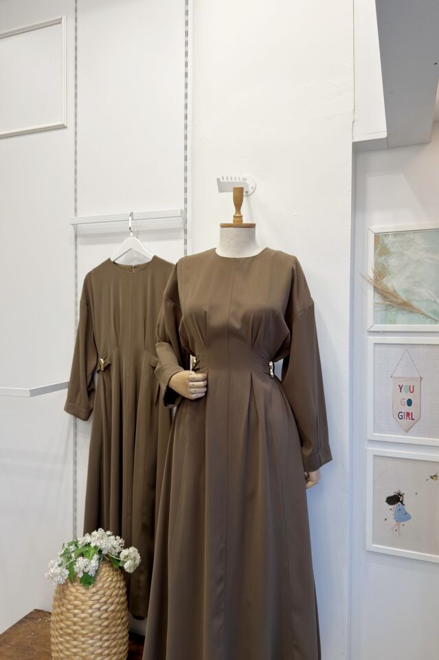 Koyu Vizon Modal Kumaş Frise Elbise