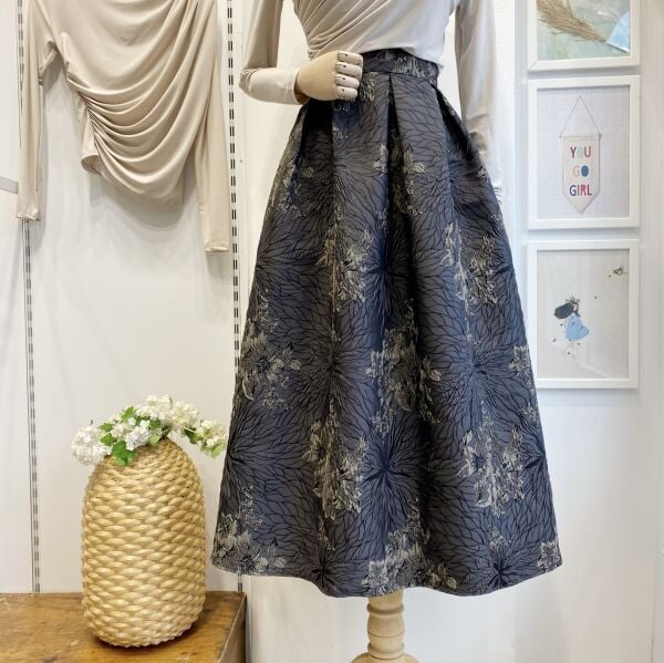 Gri Etnik Desenli Bohem Kapitone Etek