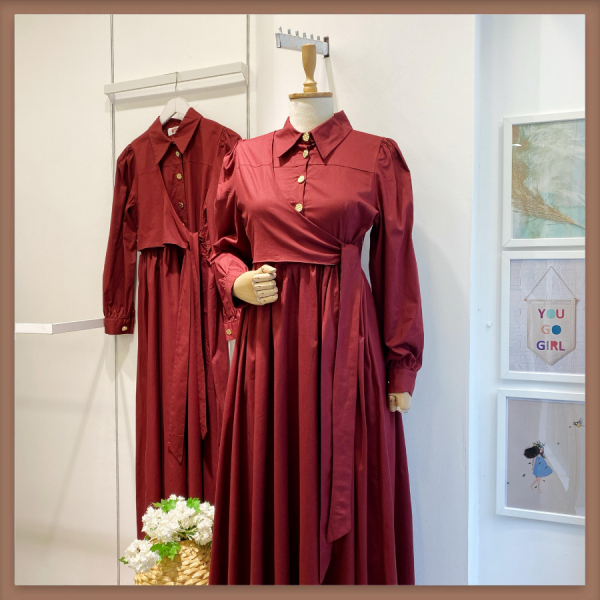 Poplin Kumaş Bordo Crop Detaylı Elbise