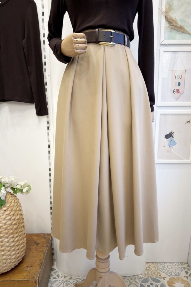 Bej Kalın Piliseli Calma Etek