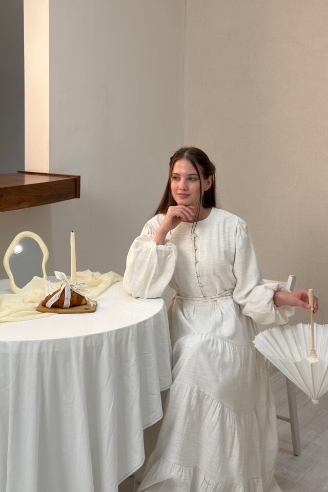 Krem Crystal Taşlı Elbise
