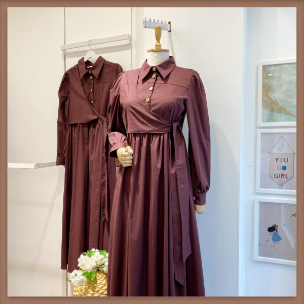 Poplin Kumaş Mürdüm Crop Detaylı Elbise