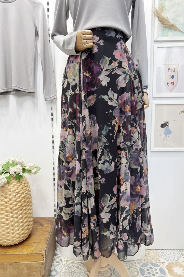 Siyah Çiçek Desenli Betty Şifon Etek