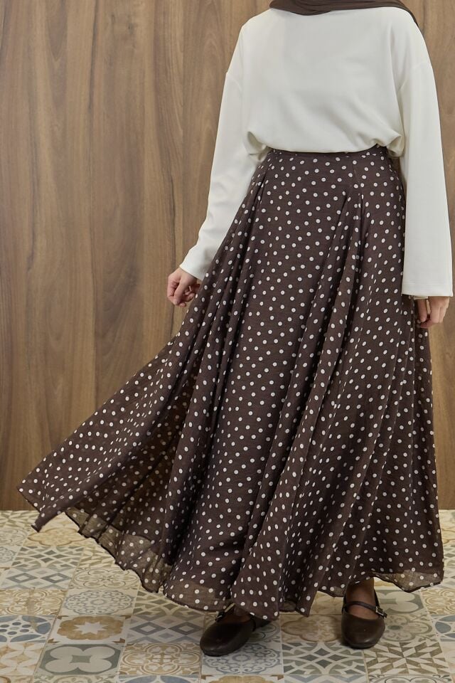 Acı Kahve Puantiye Desenli Şifon Etek