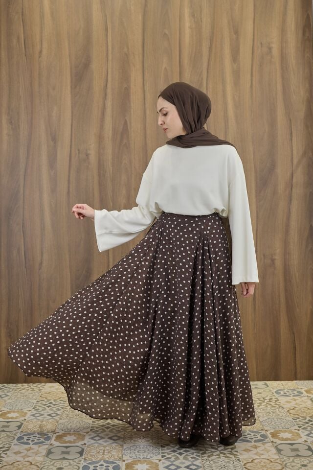 Acı Kahve Puantiye Desenli Şifon Etek