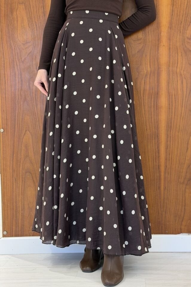 Acı Kahve Puantiye Desenli Şifon Etek