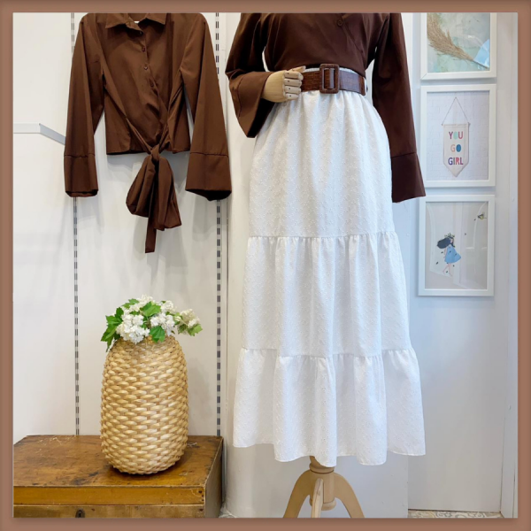 Taba Kemerli Beyaz Brode Etek