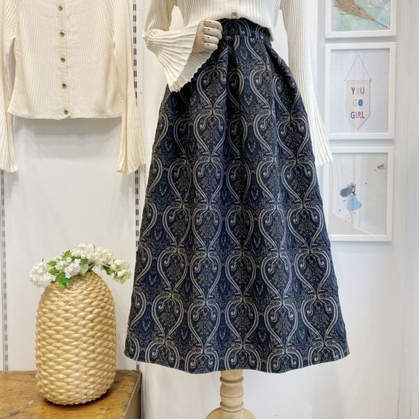 Lacivert Etnik Desenli Kapitone Etek