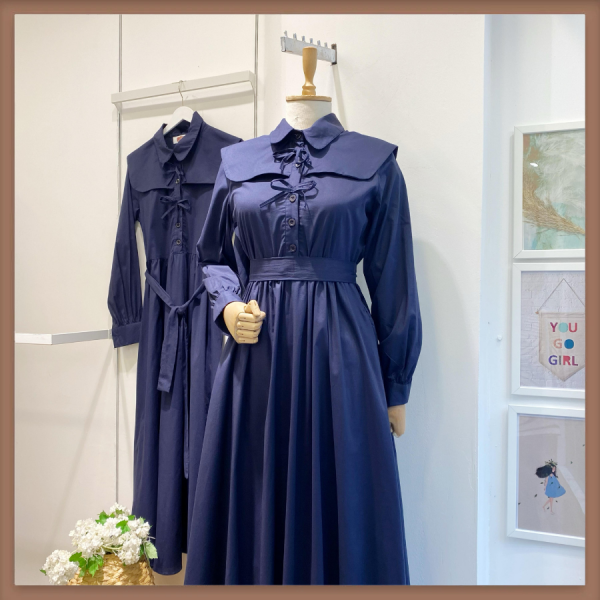 Perhanon Bağcıklı Lacivert Poplin Elbise