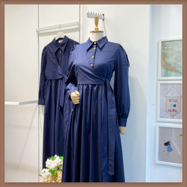 Poplin Kumaş Lacivert Crop Detaylı Elbise