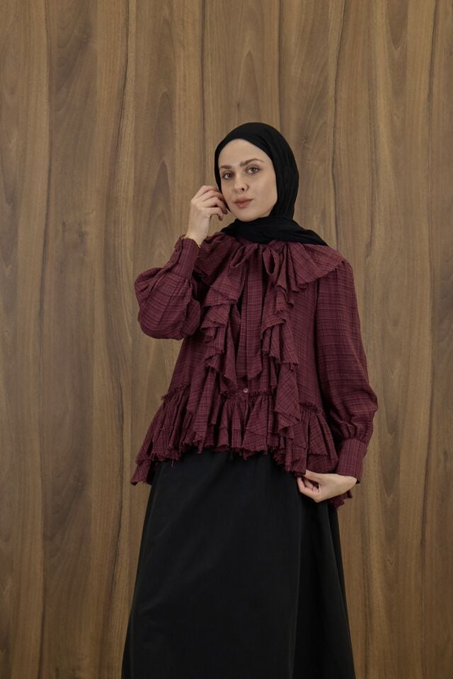 Bordo Volanlı Melina Gömlek