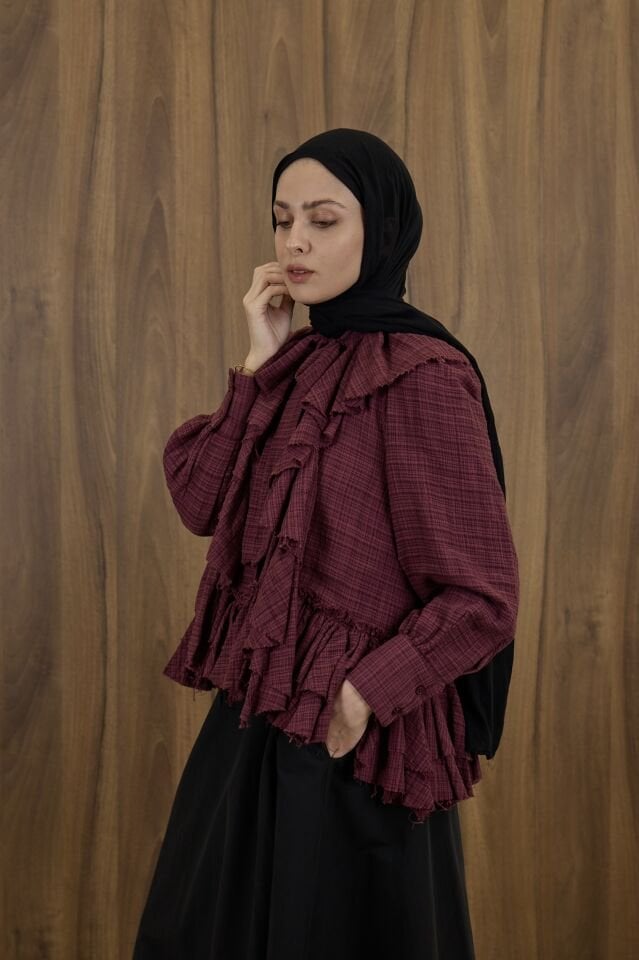 Bordo Volanlı Melina Gömlek