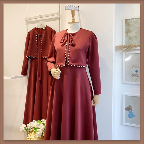 İnci ceketli bordo scuba elbise