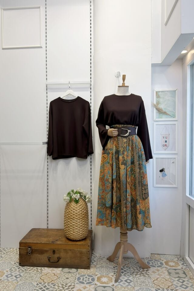 Turuncu Desenli Kemer Detaylı Mireth Şifon Etek