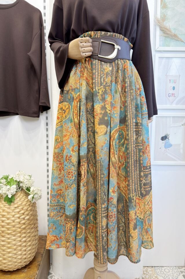 Turuncu Desenli Kemer Detaylı Mireth Şifon Etek