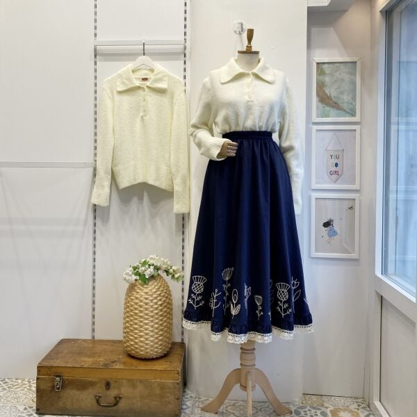 Ucu Nakışlı Lacivert Paper Touch Etek