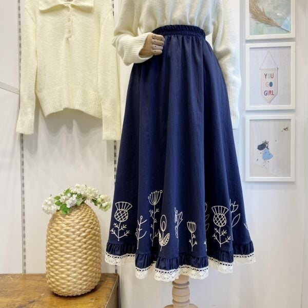 Ucu Nakışlı Lacivert Paper Touch Etek