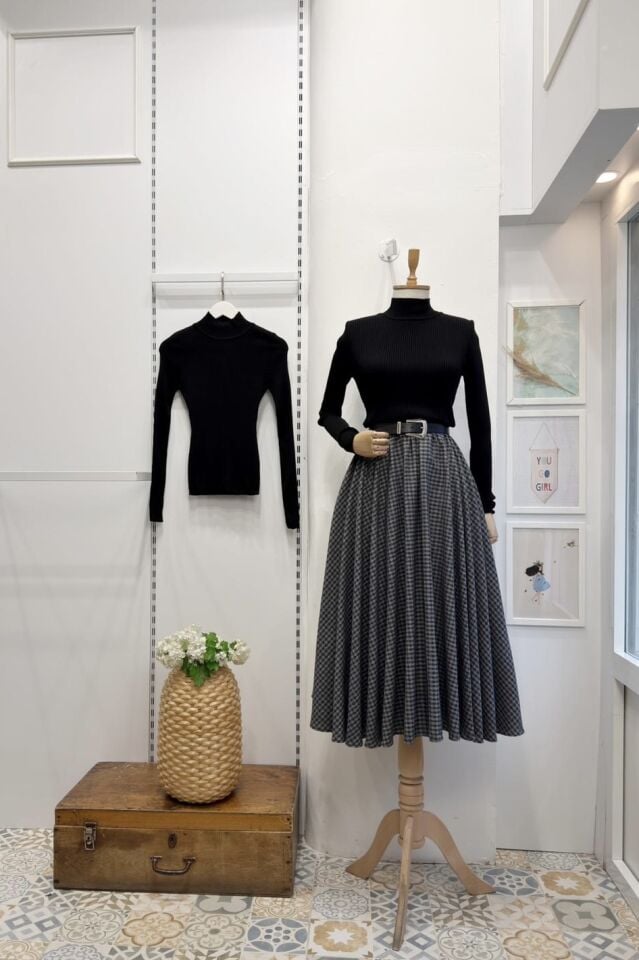 Antrasit Beli Lastikli Ekose Desenli Kloş Etek