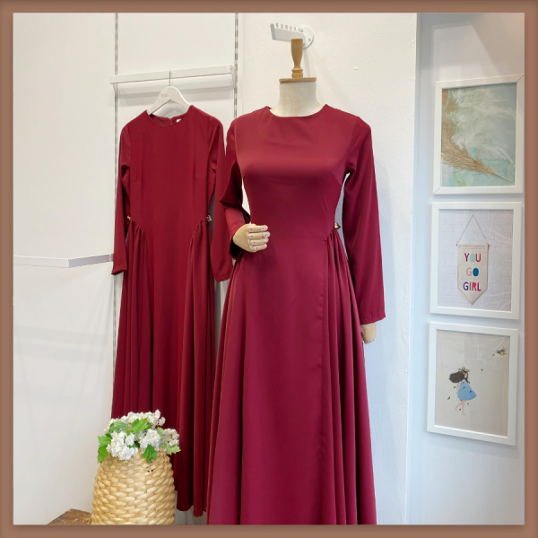 Bordo Bel Detaylı Hira Elbise