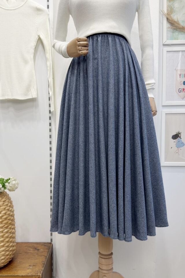 Beli Lastikli İndigo Mavi Melanj Desenli Kloş Etek